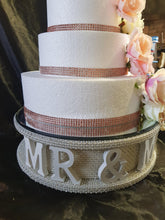Load image into Gallery viewer, Mr & Mrs cake stand-Pearl and REAL CRYSTAL stones. wedding cake stand + lights + personalised by Crystal wedding uk