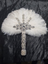 Load image into Gallery viewer, White Feather Fan ,wedding hand fan bouquet bridal Ostrich feather bouquet, Gatsby by Crystal wedding uk