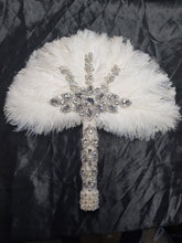Load image into Gallery viewer, White Feather Fan ,wedding hand fan bouquet bridal Ostrich feather bouquet, Gatsby by Crystal wedding uk