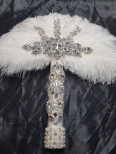 Load image into Gallery viewer, White Feather Fan ,wedding hand fan bouquet bridal Ostrich feather bouquet, Gatsby by Crystal wedding uk