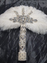 Load image into Gallery viewer, White Feather Fan ,wedding hand fan bouquet bridal Ostrich feather bouquet, Gatsby by Crystal wedding uk