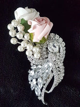 Load image into Gallery viewer, Crystal brooch buttonhole with Pearls & Foam roses by Crystal wedding uk