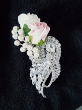 Load image into Gallery viewer, Crystal brooch buttonhole with Pearls & Foam roses by Crystal wedding uk