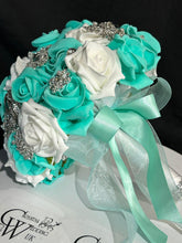 Load image into Gallery viewer, Brooch Bouquet,Robins egg blue, duck egg blue teel rose bouquet. by Crystal wedding uk