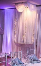 Load image into Gallery viewer, Suspended Swing cake stand, SQUARE, Glass Crystal chandelier, drape stand with mirror top. by Crystal wedding uk