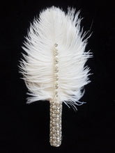 Load image into Gallery viewer, Feather buttonhole Boutonnière, Crystal rhinestone & pearl for jacket lapel Great Gatsby wedding style -ANY COLOUR by Crystal wedding uk