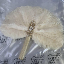 Load image into Gallery viewer, Brides lvory Feather 14in Fan, personalised brooch bouquet, Alternative Bouquet artificial by Crystal wedding uk
