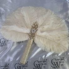 Load image into Gallery viewer, Brides lvory Feather 14in Fan, personalised brooch bouquet, Alternative Bouquet artificial by Crystal wedding uk