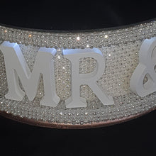 Load image into Gallery viewer, Mr & Mrs + personalised with wedding date- REAL CRYSTAL stones covered wedding cake stand + lights by Crystal wedding uk