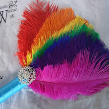 Load image into Gallery viewer, Bridesmaids Feather 10" Fan, Rainbow, multi brooch bouquet, Alternative Bouquet artificial by Crystal wedding uk