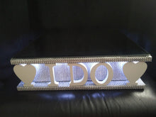 Load image into Gallery viewer, I DO wedding cake stand + lights carved wooden words wedding cake stand + lights by Crystal wedding uk