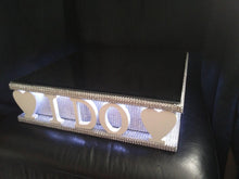 Load image into Gallery viewer, I DO wedding cake stand + lights carved wooden words wedding cake stand + lights by Crystal wedding uk