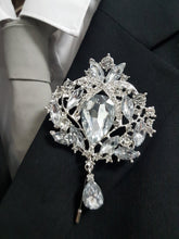Load image into Gallery viewer, Groom Boutonniere, buttonhole. Ladies dress corsage, Silver brooch rhinestone drop, Wedding Buttonhole Pin. by Crystal wedding uk