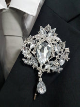 Load image into Gallery viewer, Groom Boutonniere, buttonhole. Ladies dress corsage, Silver brooch rhinestone drop, Wedding Buttonhole Pin. by Crystal wedding uk