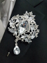 Load image into Gallery viewer, Groom Boutonniere, buttonhole. Ladies dress corsage, Silver brooch rhinestone drop, Wedding Buttonhole Pin. by Crystal wedding uk