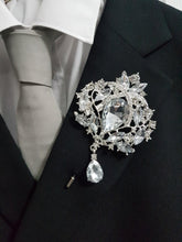 Load image into Gallery viewer, Groom Boutonniere, buttonhole. Ladies dress corsage, Silver brooch rhinestone drop, Wedding Buttonhole Pin. by Crystal wedding uk