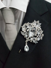 Load image into Gallery viewer, Groom Boutonniere, buttonhole. Ladies dress corsage, Silver brooch rhinestone drop, Wedding Buttonhole Pin. by Crystal wedding uk