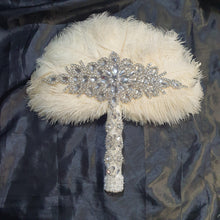 Load image into Gallery viewer, Ivory Feather Fan, Brides wedding bouquet fan style 1920's event - any colour as custom made by Crystal wedding uk