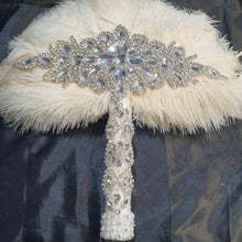 Load image into Gallery viewer, Ivory Feather Fan, Brides wedding bouquet fan style 1920's event - any colour as custom made by Crystal wedding uk