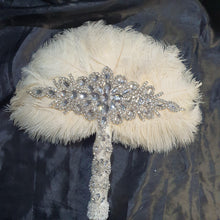 Load image into Gallery viewer, Ivory Feather Fan, Brides wedding bouquet fan style 1920's event - any colour as custom made by Crystal wedding uk