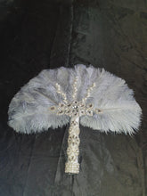 Load image into Gallery viewer, Feather Fan wedding bouquet, grey Ostrich feather bouquet or matching boutonniere by Crystal wedding uk