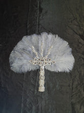 Load image into Gallery viewer, Feather Fan wedding bouquet, grey Ostrich feather bouquet or matching boutonniere by Crystal wedding uk