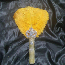 Load image into Gallery viewer, Gold Feather Fan bouquet, bridal fan, flower girl wand, Great Gatsby 1920's wedding - ANY COLOUR by Crystal wedding uk