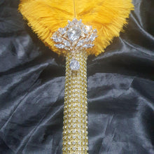 Load image into Gallery viewer, Gold Feather Fan bouquet, bridal fan, flower girl wand, Great Gatsby 1920's wedding - ANY COLOUR by Crystal wedding uk