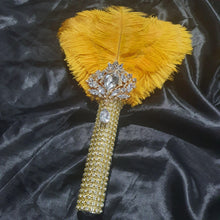 Load image into Gallery viewer, Gold Feather Fan bouquet, bridal fan, flower girl wand, Great Gatsby 1920's wedding - ANY COLOUR by Crystal wedding uk