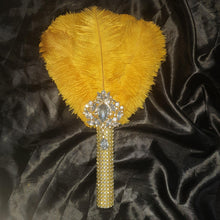 Load image into Gallery viewer, Gold Feather Fan bouquet, bridal fan, flower girl wand, Great Gatsby 1920's wedding - ANY COLOUR by Crystal wedding uk