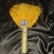 Load image into Gallery viewer, Gold Feather Fan bouquet, bridal fan, flower girl wand, Great Gatsby 1920's wedding - ANY COLOUR by Crystal wedding uk