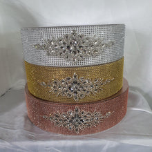 Load image into Gallery viewer, Rhinestone Crystal brooch style cake stand, many colours by Crystal wedding uk