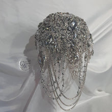 Load image into Gallery viewer, Brooch bouquet, 7" Jewel crystal wedding bouquet + grooms buttonhole Bridal Brooch Bouquet, cascade Jewel bouquet by Crystal wedding uk