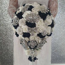 Load image into Gallery viewer, Navy brooch bouquet with artifical foam roses by Crystal wedding uk