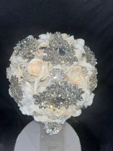 Load image into Gallery viewer, Navy brooch bouquet with artifical foam roses by Crystal wedding uk