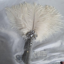 Load image into Gallery viewer, vintage style feather fan, brides wedding hand fan - any colour as custom made by Crystal wedding uk