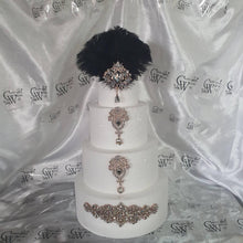 Load image into Gallery viewer, Feather cake topper 1920's rhinestone cake decor Great Gatsby rhinestone brooch cake topper. by Crystal wedding uk