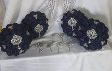 Load image into Gallery viewer, BROOCH BOUQUET brooch bouquet navy fabric flower Alternative jewel wedding bouquet. - Silver, rose gold or Gold tone by Crystal wedding uk