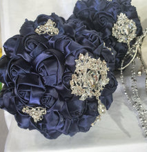 Load image into Gallery viewer, BROOCH BOUQUET brooch bouquet navy fabric flower Alternative jewel wedding bouquet. - Silver, rose gold or Gold tone by Crystal wedding uk