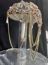 Load image into Gallery viewer, Gold Brooch bouquet, Jewel crystal wedding bouquet. Crystal Bridal Brooch Bouquet, cascade Jewel bouquet by Crystal wedding uk