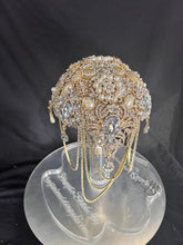 Load image into Gallery viewer, Gold Brooch bouquet, Jewel crystal wedding bouquet. Crystal Bridal Brooch Bouquet, cascade Jewel bouquet by Crystal wedding uk