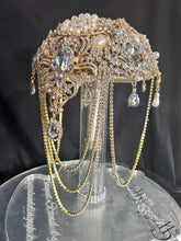 Load image into Gallery viewer, Gold Brooch bouquet, Jewel crystal wedding bouquet. Crystal Bridal Brooch Bouquet, cascade Jewel bouquet by Crystal wedding uk