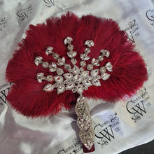 Load image into Gallery viewer, Burgundy wine feather fan bouquet, Great Gatsby wedding style 1920's - any colour as custom made by Crystal wedding uk