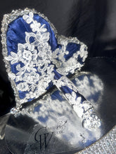 Load image into Gallery viewer, Something blue Brooch bouquet Heart shaped, trailing,cascading, jewel heart wedding bouquet. by Crystal wedding uk