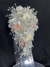 Load image into Gallery viewer, Ivory flower bouquet, rhinestone bridal flowers , any colour satin roses and pearls Luxury brides bouquet by Crystal Wedding UK