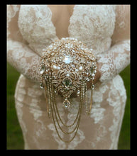 Load image into Gallery viewer, Gold Brooch bouquet, Jewel crystal wedding bouquet. Crystal Bridal Brooch Bouquet, cascade Jewel bouquet by Crystal wedding uk