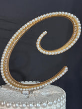 Load image into Gallery viewer, Ivory pearl Letter 6" monogram letter, GOLD BASE, rhinestone Cake Topper decor, Wedding rhinestone jewel letter cake decorations.