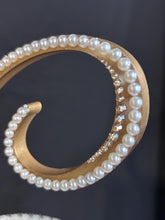 Load image into Gallery viewer, Ivory pearl Letter 6" monogram letter, GOLD BASE, rhinestone Cake Topper decor, Wedding rhinestone jewel letter cake decorations.