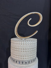 Load image into Gallery viewer, Ivory pearl Letter 6" monogram letter, GOLD BASE, rhinestone Cake Topper decor, Wedding rhinestone jewel letter cake decorations.