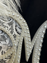 Load image into Gallery viewer, PEARL monogram cake topper 6" Letter linitial topper, Lace and pearl Wedding Gatsby 1902'S style topper, jewel letters decorations surname